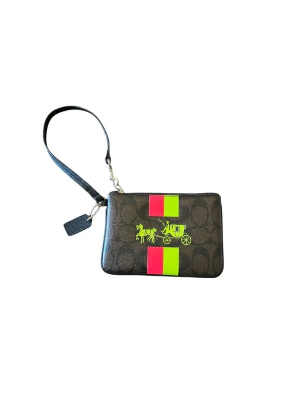 Coach Corner Zip Wristlet Signature Coated Canvas Neon Stripe Horse & Carriage